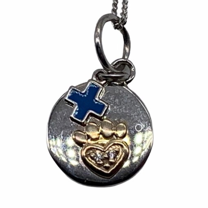 Sterling Silver Blue Cross & Paw Print Pendant Necklace