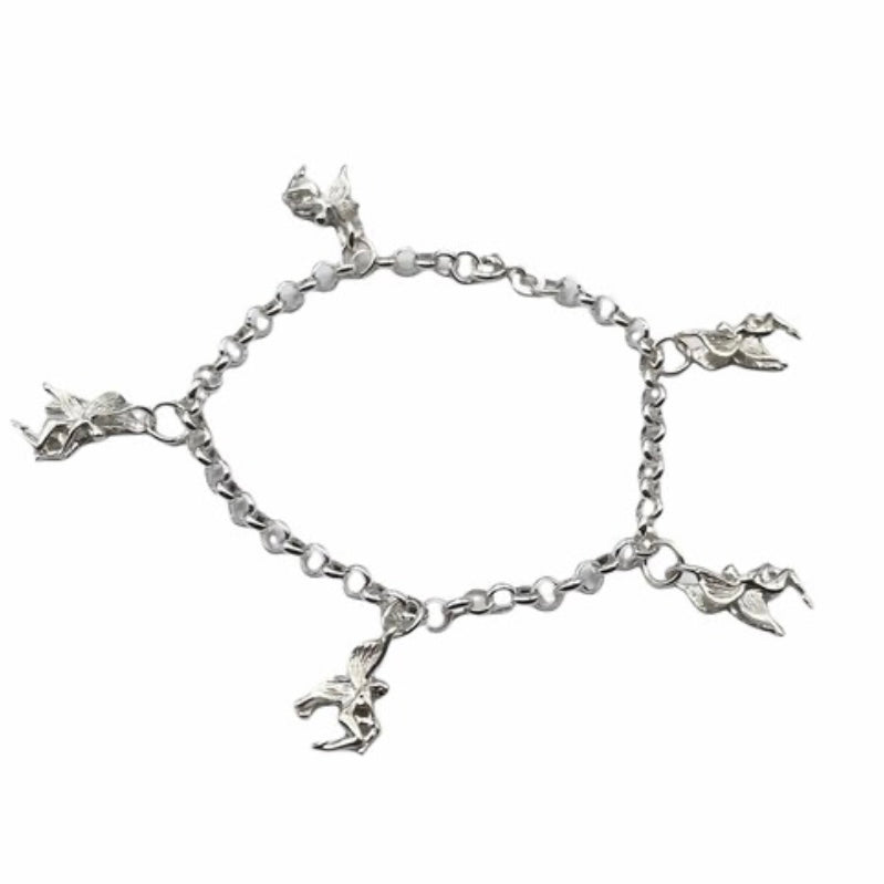 Stunning 925 Sterling Silver Charm Bracelet with 5 Beautiful 925 Sterling Silver Fairy Charms