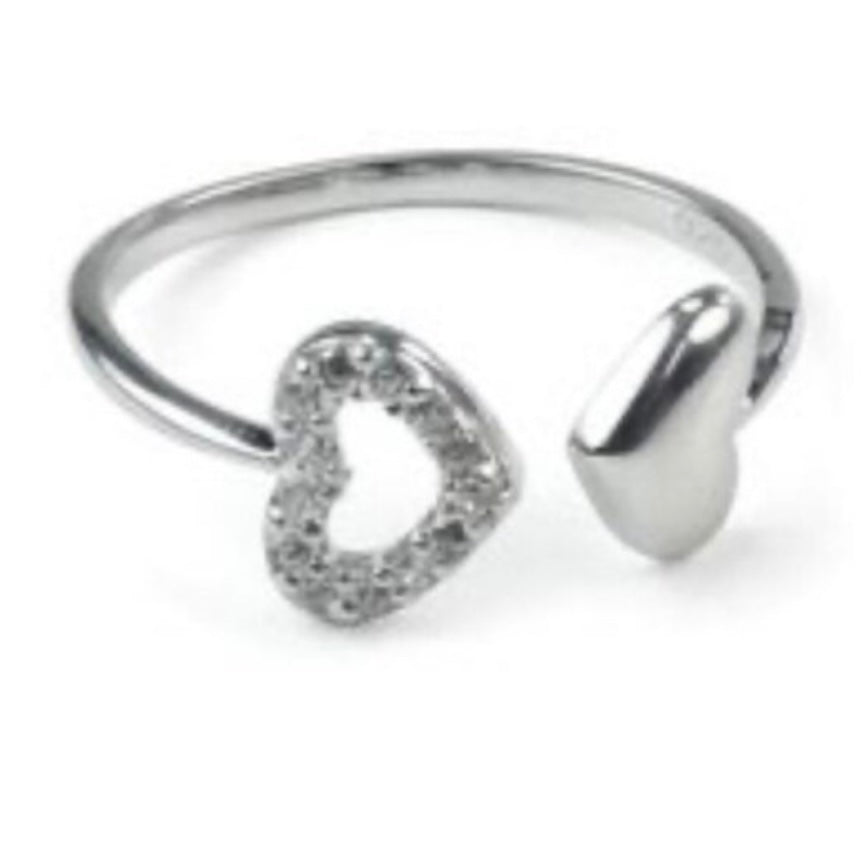 Sparkle Double Heart Cubic Zirconia Sterling Silver Open Adjustable Ring