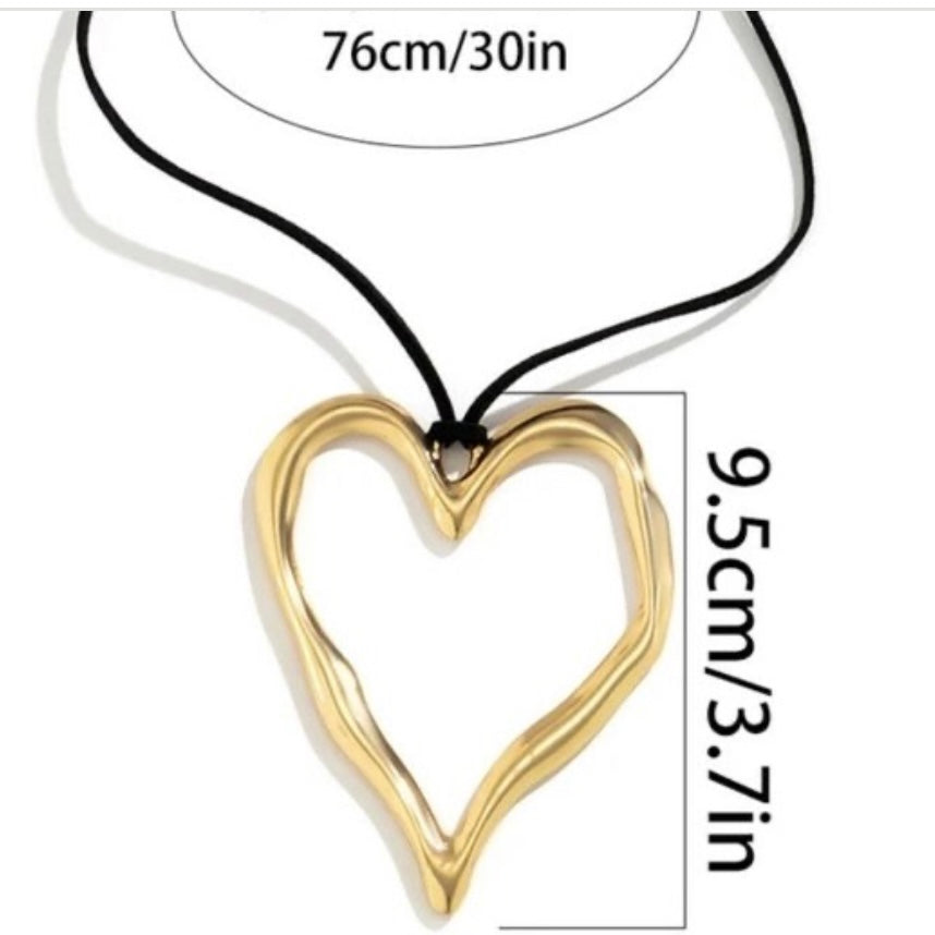 Big Hollow Love Heart Gold or Silver Colour Pendant Sweater Jumper Black Rope Leather Necklace