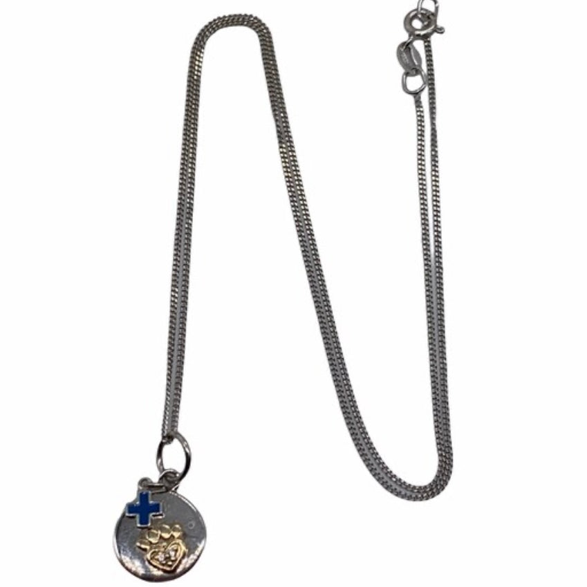 Sterling Silver Blue Cross & Paw Print Pendant Necklace