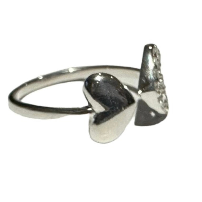 Sparkle Double Heart Cubic Zirconia Sterling Silver Open Adjustable Ring