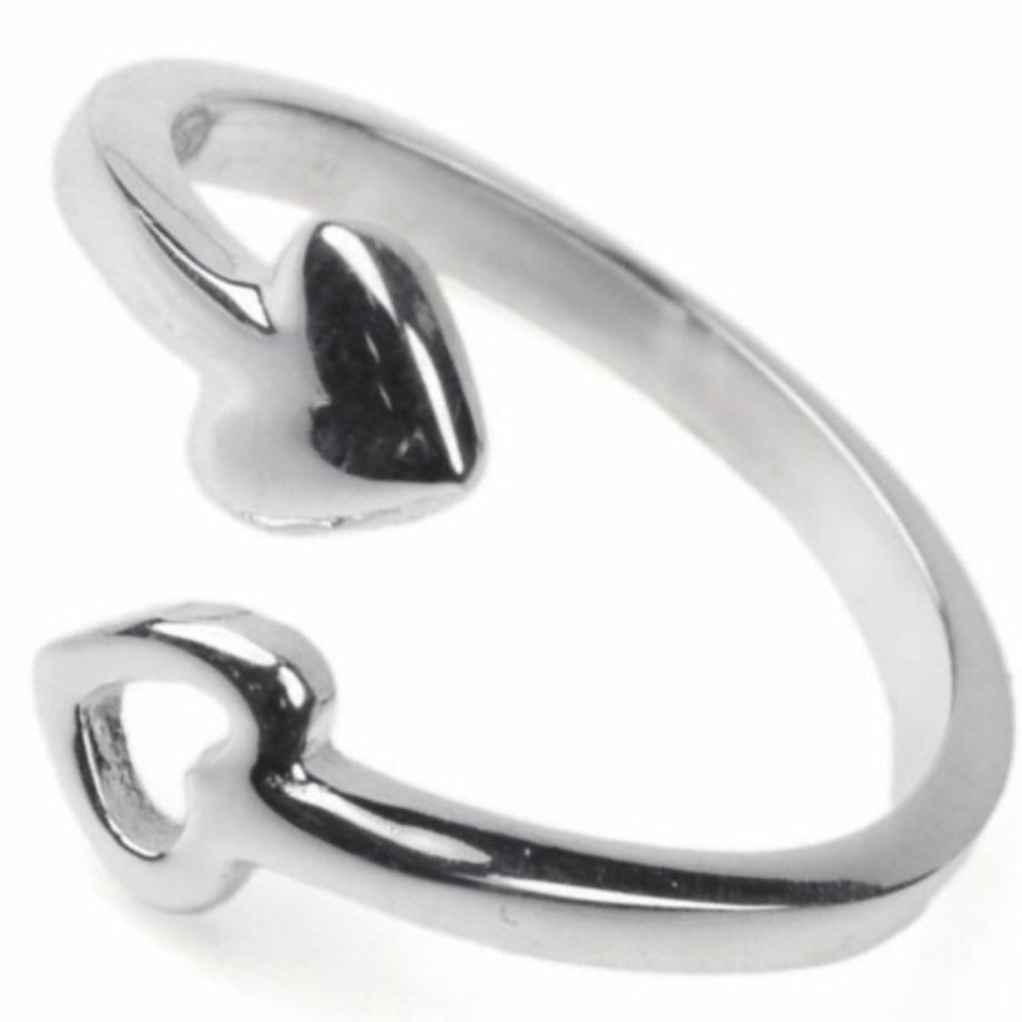 Pretty Sterling Silver Double Heart Open Adjustable Ring