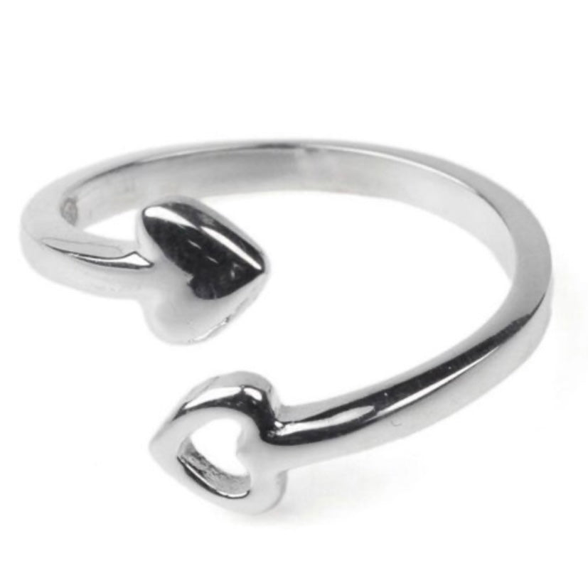 Pretty Sterling Silver Double Heart Open Adjustable Ring