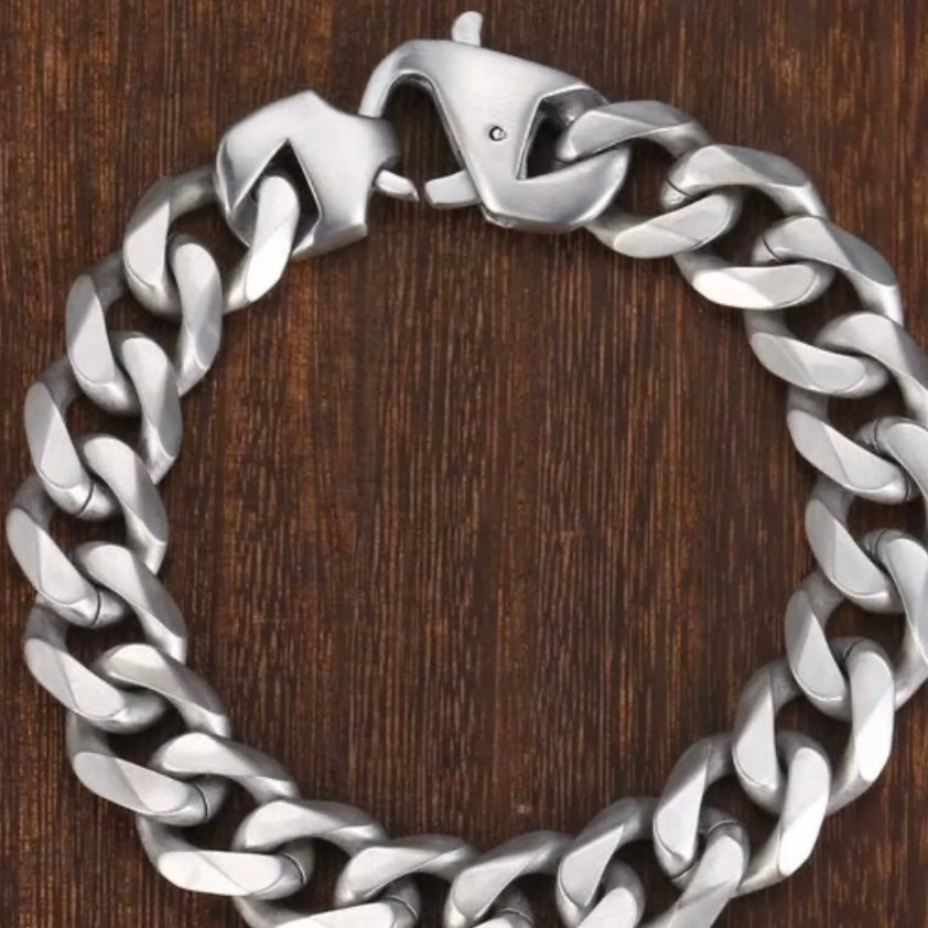 15mm Silver Matte Stainless Steel Curb Cuban Link Chain Bracelet