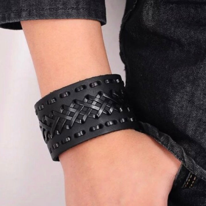 Leather Vintage Punk Wide Cuff Bangle Bracelet Available in Black or Brown