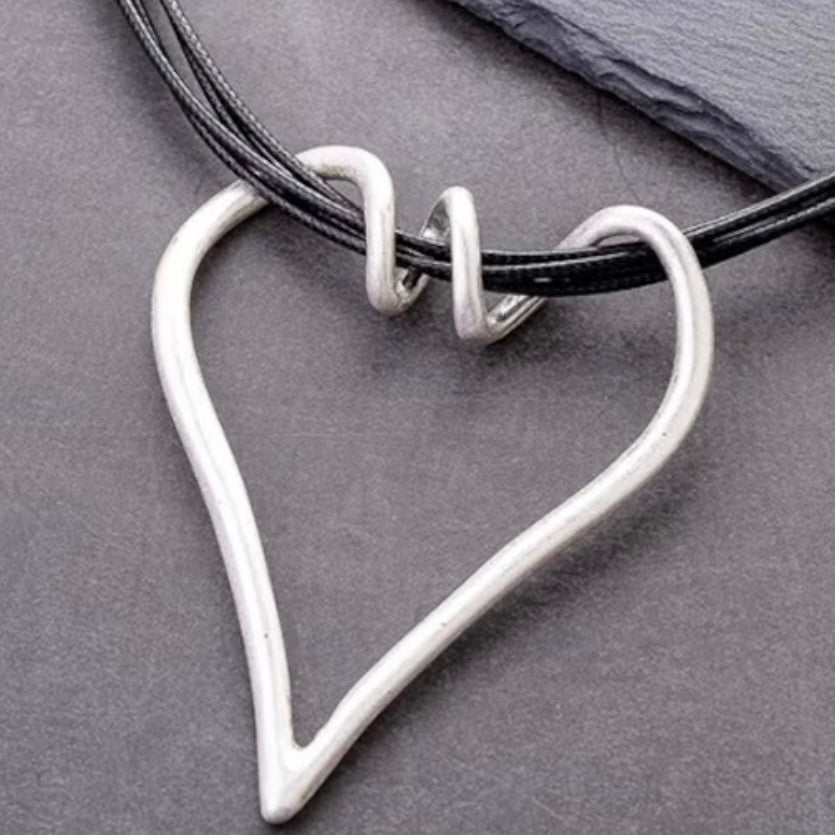 Large Silver Heart Pendant Layered Black Rope Choker Necklace