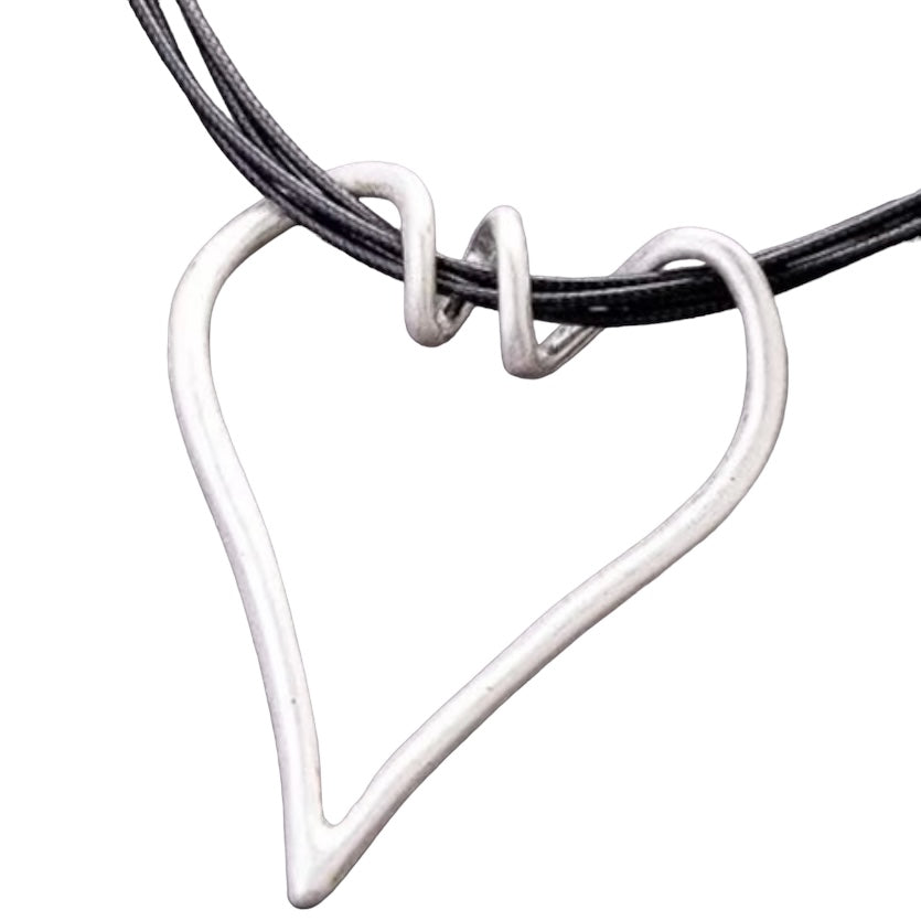 Large Silver Heart Pendant Layered Black Rope Choker Necklace