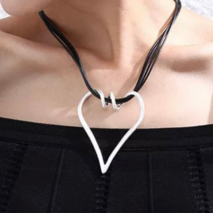 Large Silver Heart Pendant Layered Black Rope Choker Necklace