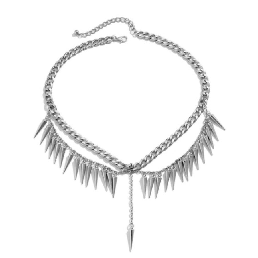 Punk Double Layered Thick Chain Tassel with Spike Cone Rivet Pendants Short Choker Necklace