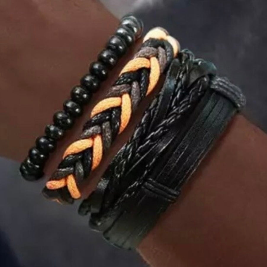 4PCS/Set Braided Wrap Leather Adjustable Bracelet Wristband