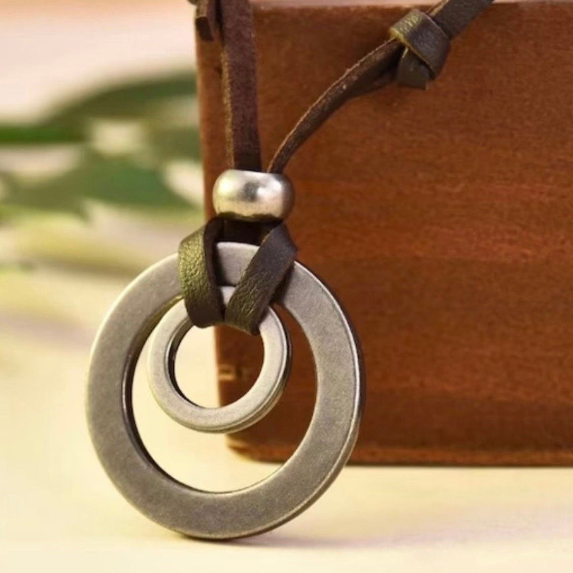 Double Circle Adjustable Leather Cord Necklace Pendant