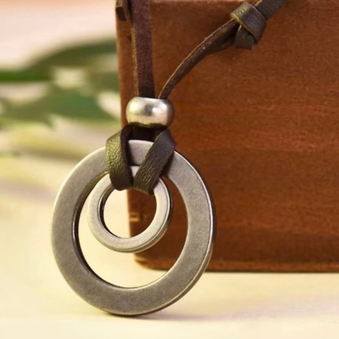 Double Circle Adjustable Leather Cord Necklace Pendant