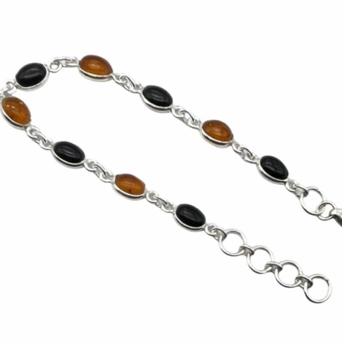 Beautiful 925 Sterling Silver Oval Black Onyx and Amber Bracelet set with 9 Oval Gemstone Cabochons