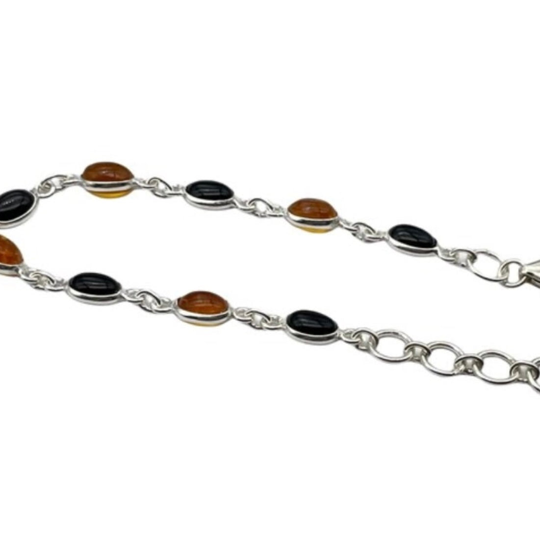 Beautiful 925 Sterling Silver Oval Black Onyx and Amber Bracelet set with 9 Oval Gemstone Cabochons