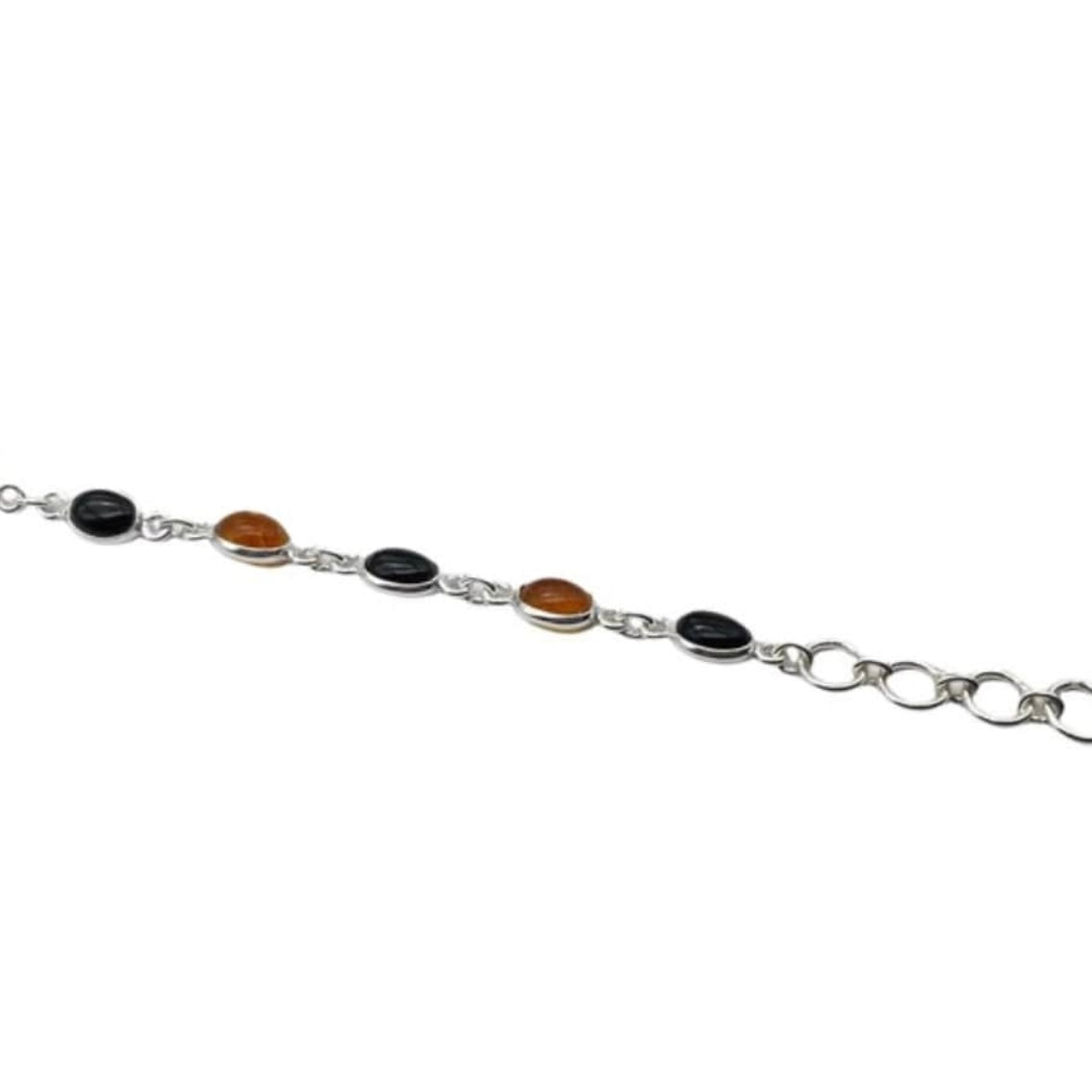 Beautiful 925 Sterling Silver Oval Black Onyx and Amber Bracelet set with 9 Oval Gemstone Cabochons