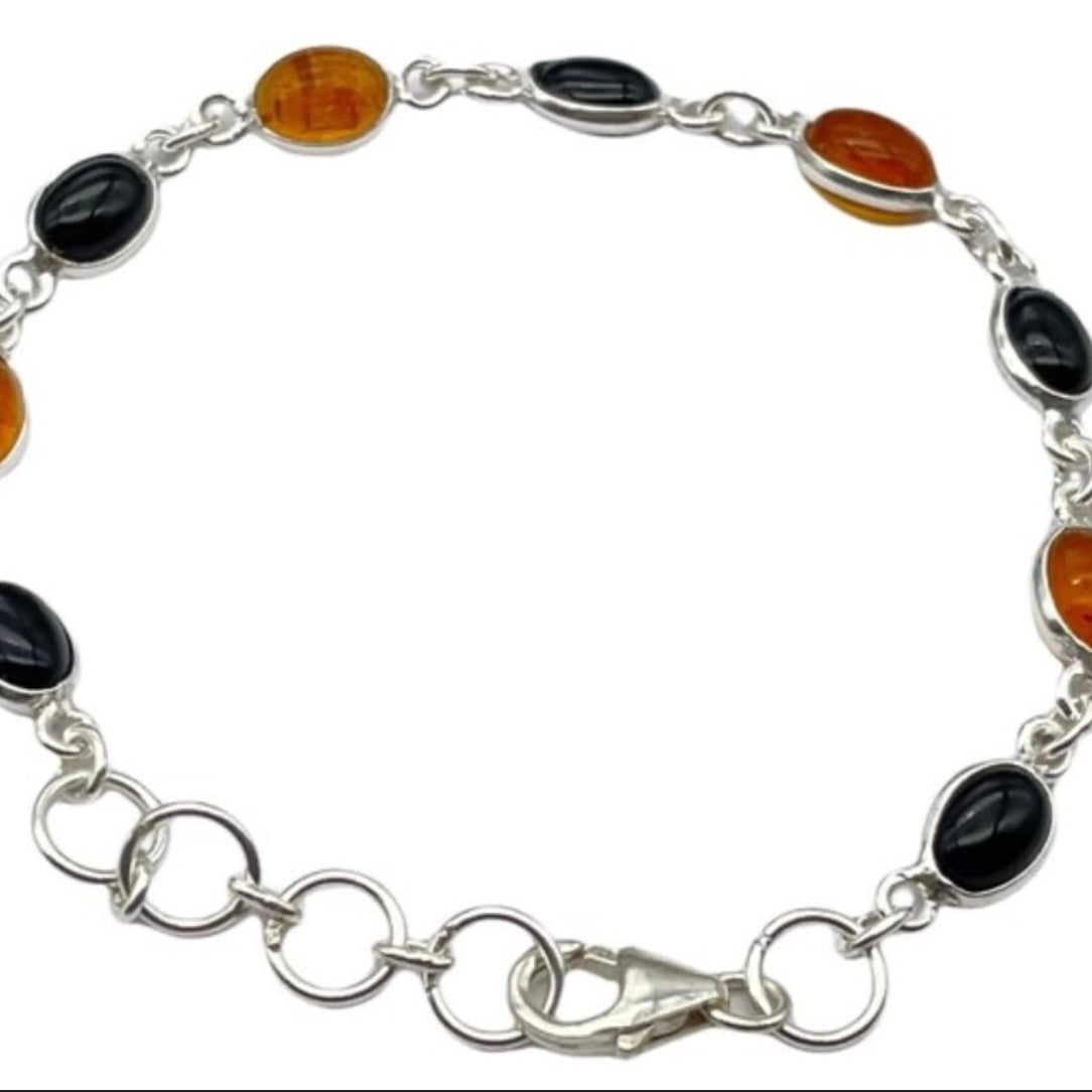 Beautiful 925 Sterling Silver Oval Black Onyx and Amber Bracelet set with 9 Oval Gemstone Cabochons