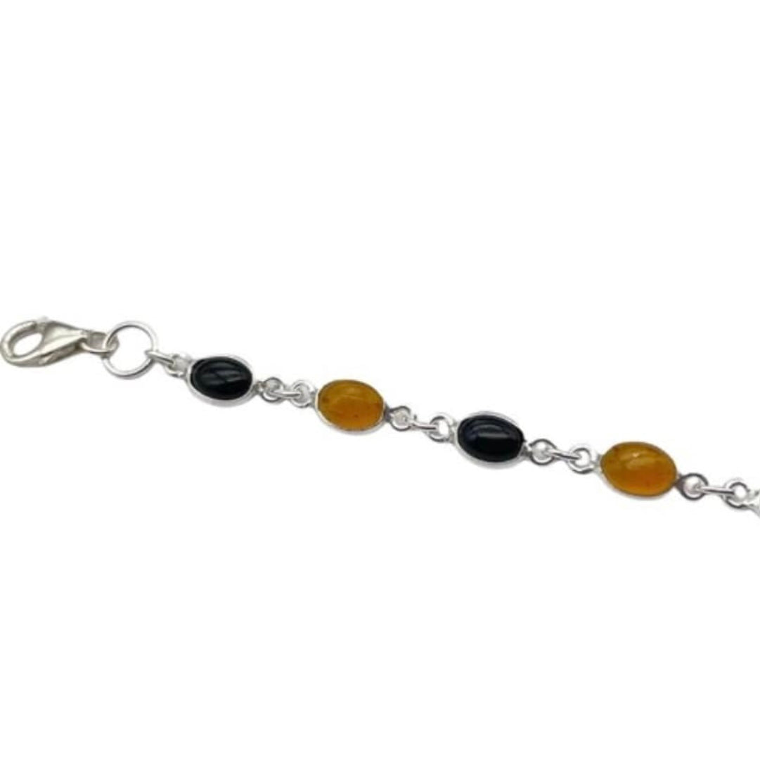 Beautiful 925 Sterling Silver Oval Black Onyx and Amber Bracelet set with 9 Oval Gemstone Cabochons