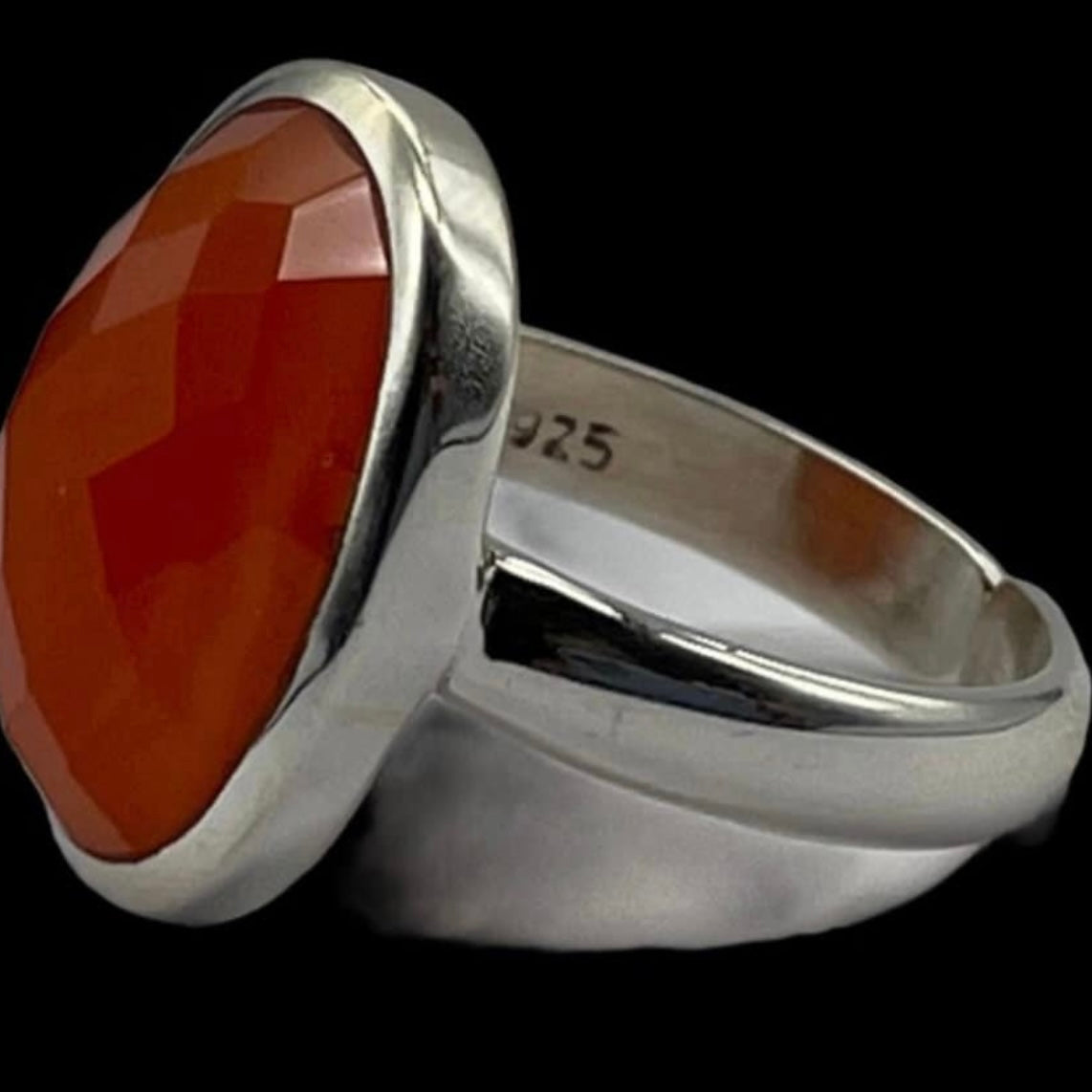 Carnelian Oval Faceted Sterling Silver 925 Adjustable Ring