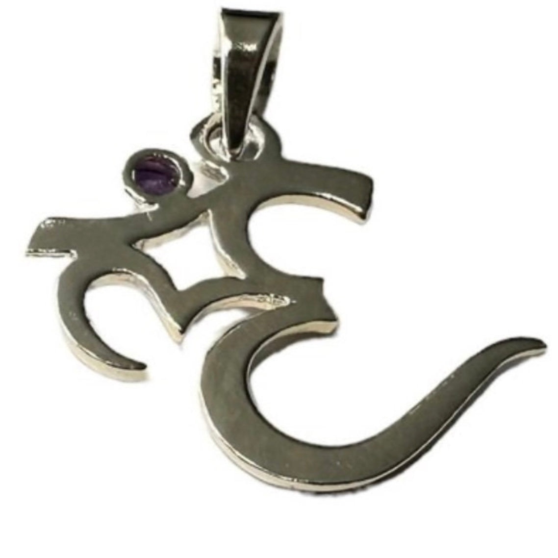 Om Symbol Gemstone Amethyst Facet Pendant with Bail Sterling Silver