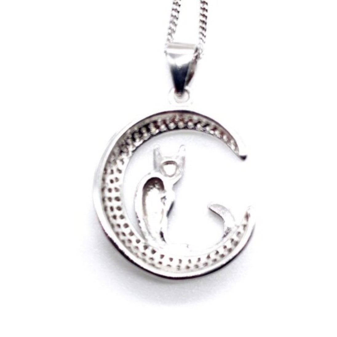 Sterling Silver Cat Crescent Moon Pendant Necklace with Clear Cubic Zirconia Stones