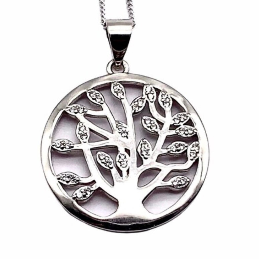 Sterling Silver Clear Cubic Zirconia Tree of Life Pendant Necklace