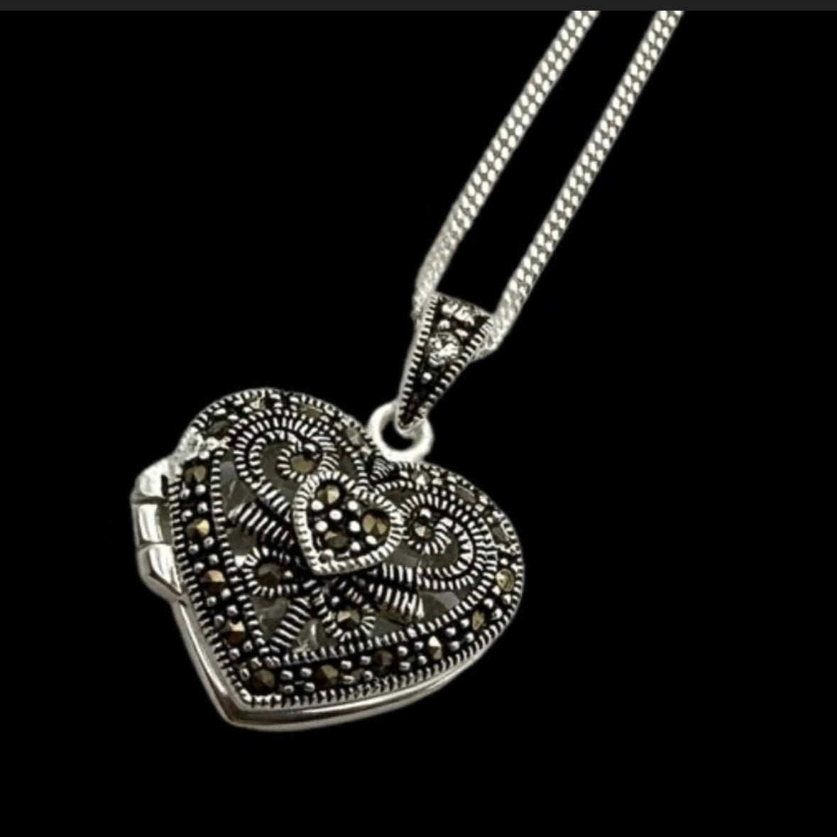 Sterling Silver Love Heart Locket with Marcasite Stones Pendant with Sterling 18 Inch Necklace