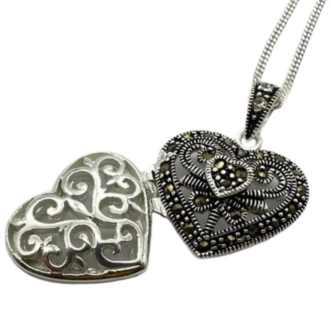 Sterling Silver Love Heart Locket with Marcasite Stones Pendant with Sterling 18 Inch Necklace