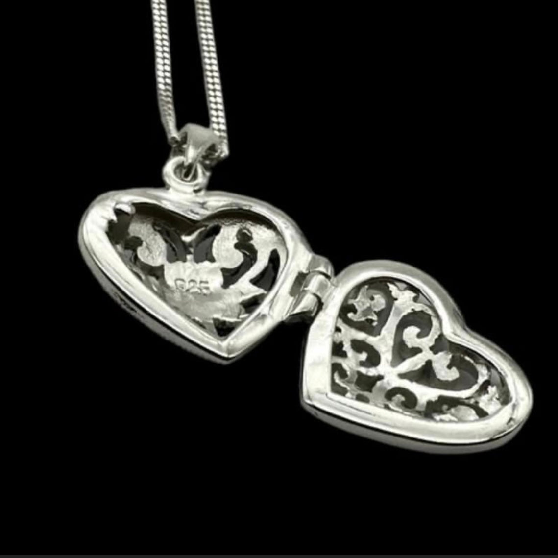 Sterling Silver Love Heart Locket with Marcasite Stones Pendant with Sterling 18 Inch Necklace