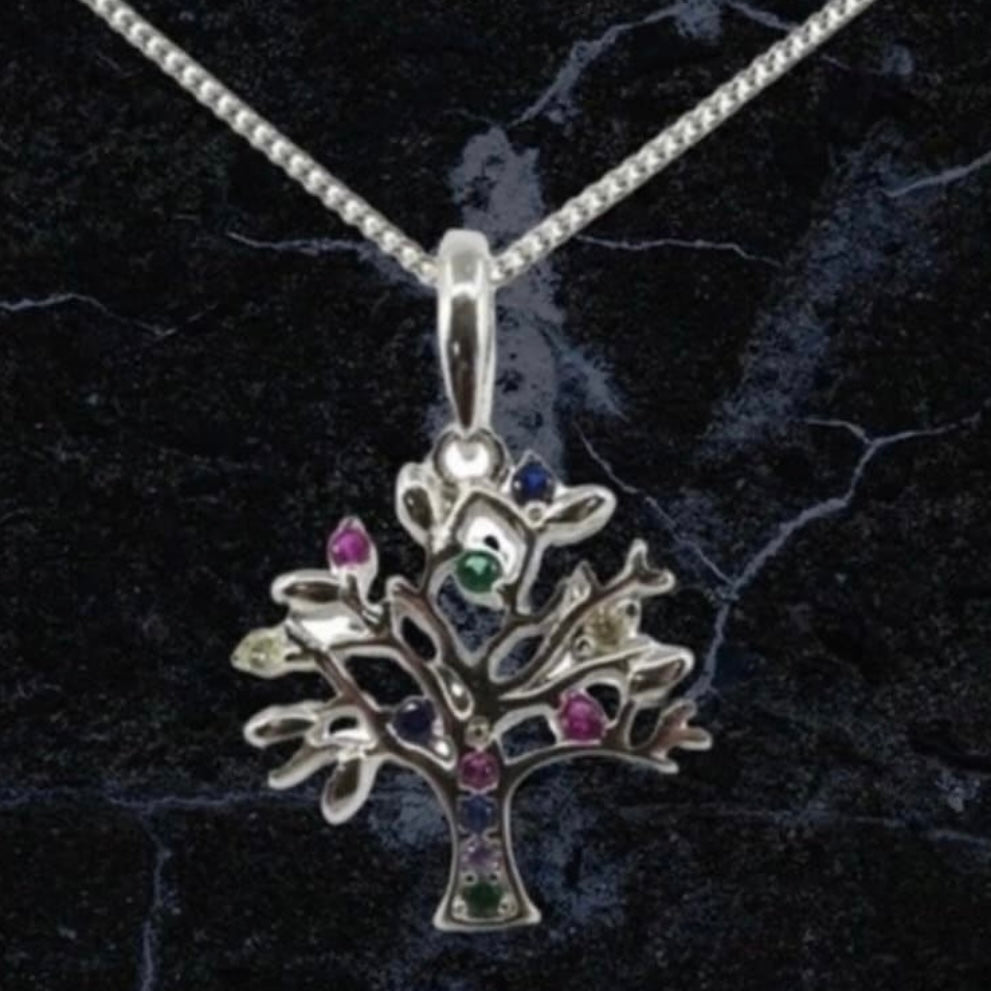 Sterling Silver Multi Cubic Zirconia Tree of Life Pendant Necklace