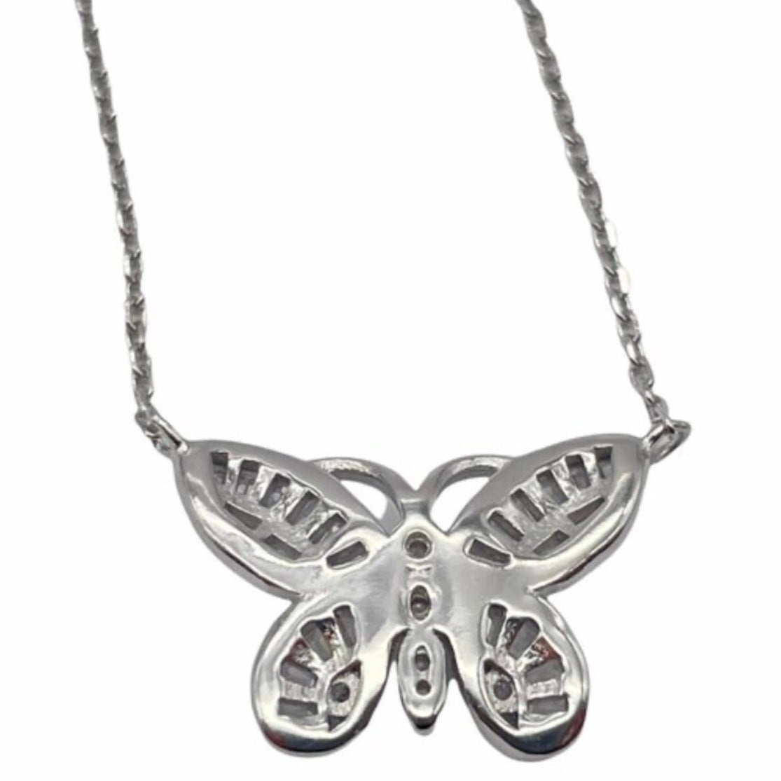 Sterling Silver Rhodium Plated Butterfly Design Necklace with Clear Cubic Zirconia Stones