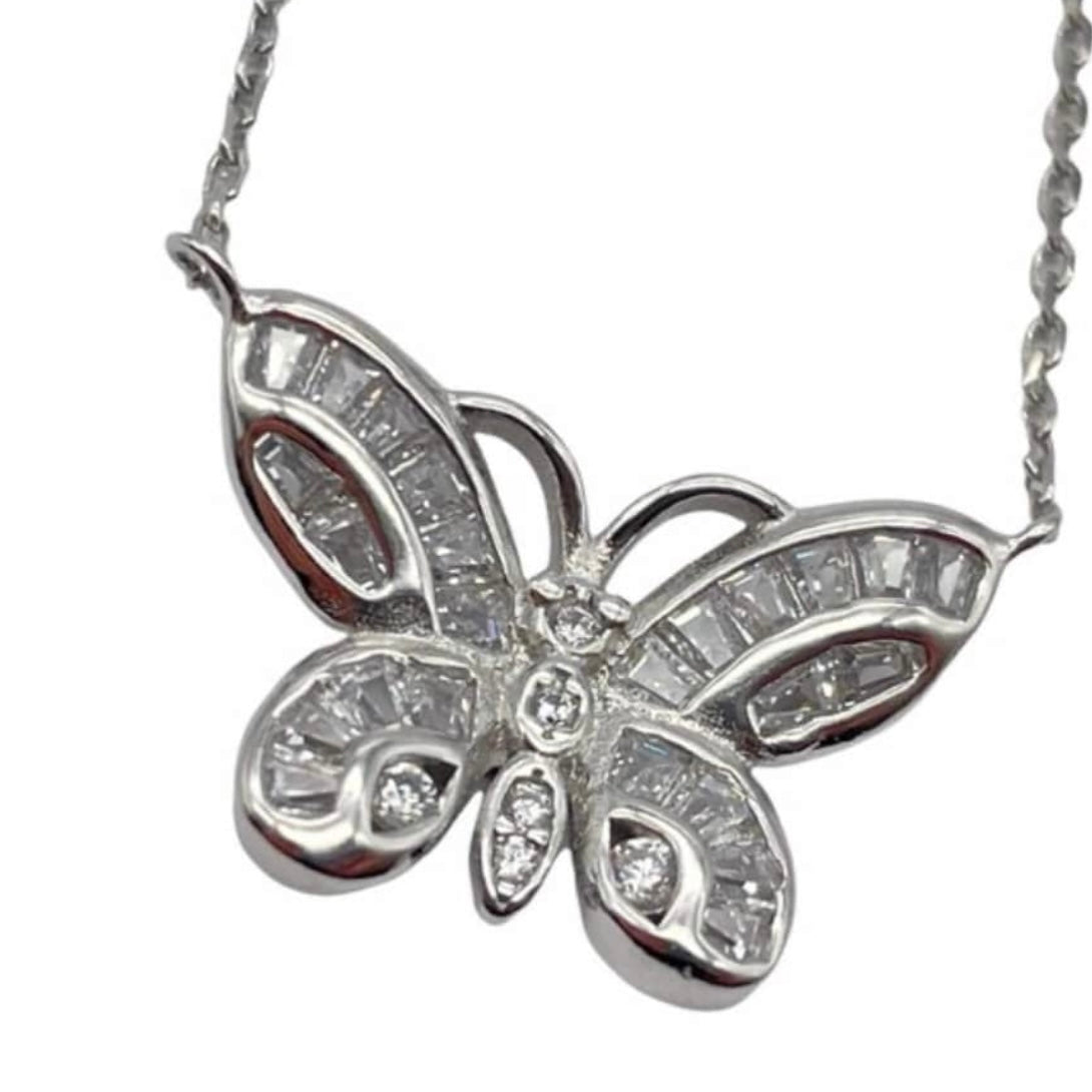 Sterling Silver Rhodium Plated Butterfly Design Necklace with Clear Cubic Zirconia Stones