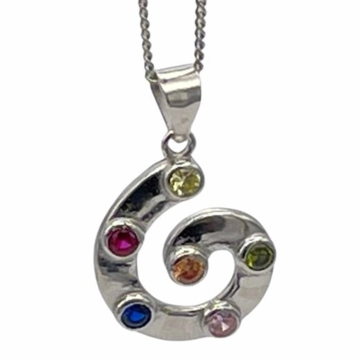 Sterling Silver Swirl Design Pendant Necklace with Jonquil, Fucshia, Sapphire, Rose, olivine & Topaz Cubic Zirconia Stone