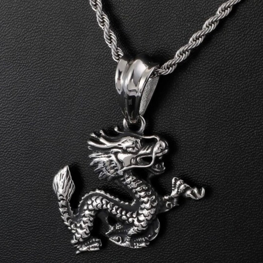 Punk Rock Gothic Stainless Steel Vintage Dragon Pendant Necklace