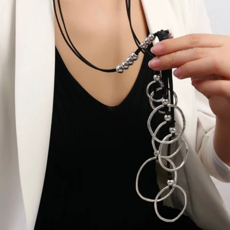 Large Loop Circle Statement Sweater Pendant Beads Tassel Long Leather Cord Necklace