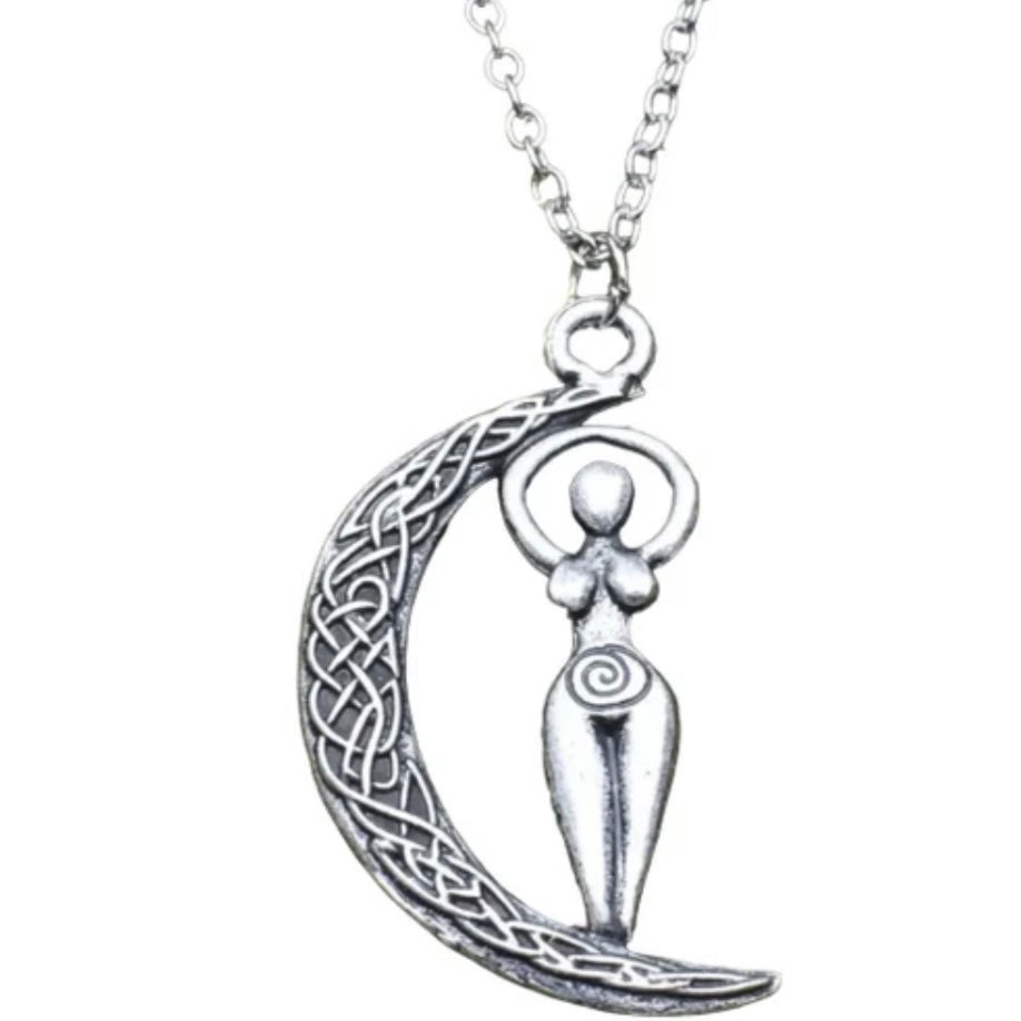 Wicca Spiral Wiccan Woman Goddess and Celtic Knott Moon Double Sided Pendant Necklace