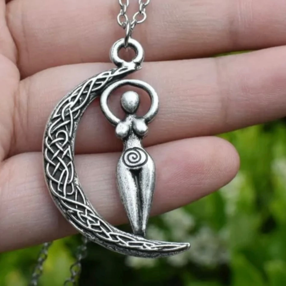 Wicca Spiral Wiccan Woman Goddess and Celtic Knott Moon Double Sided Pendant Necklace