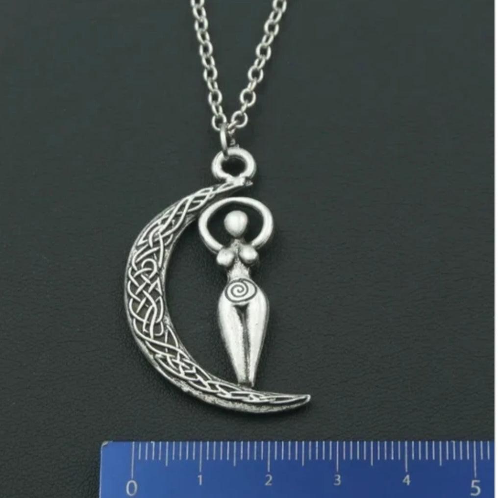 Wicca Spiral Wiccan Woman Goddess and Celtic Knott Moon Double Sided Pendant Necklace