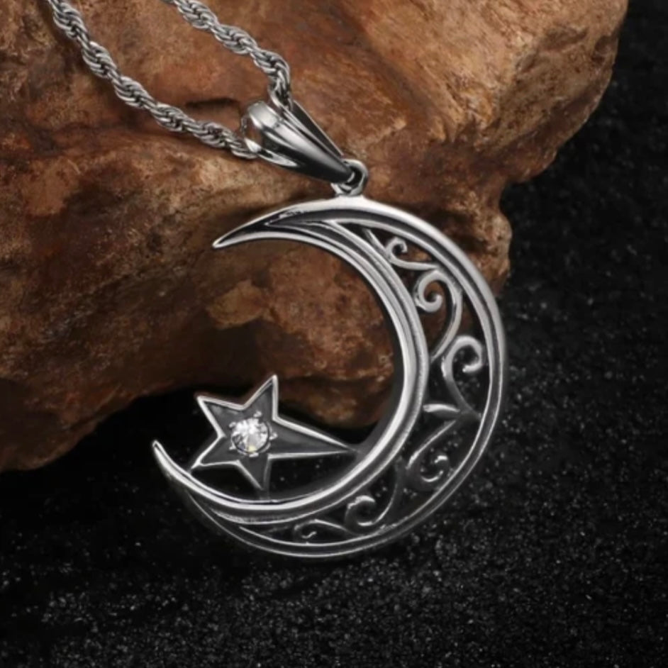 Charm Crescent Suspension Moon and Star Stainless Steel Pendant Necklace