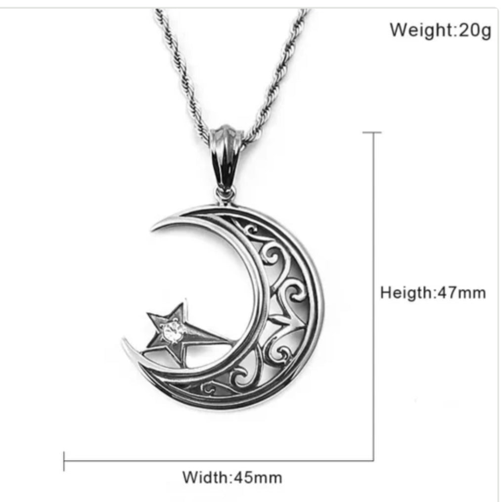 Charm Crescent Suspension Moon and Star Stainless Steel Pendant Necklace