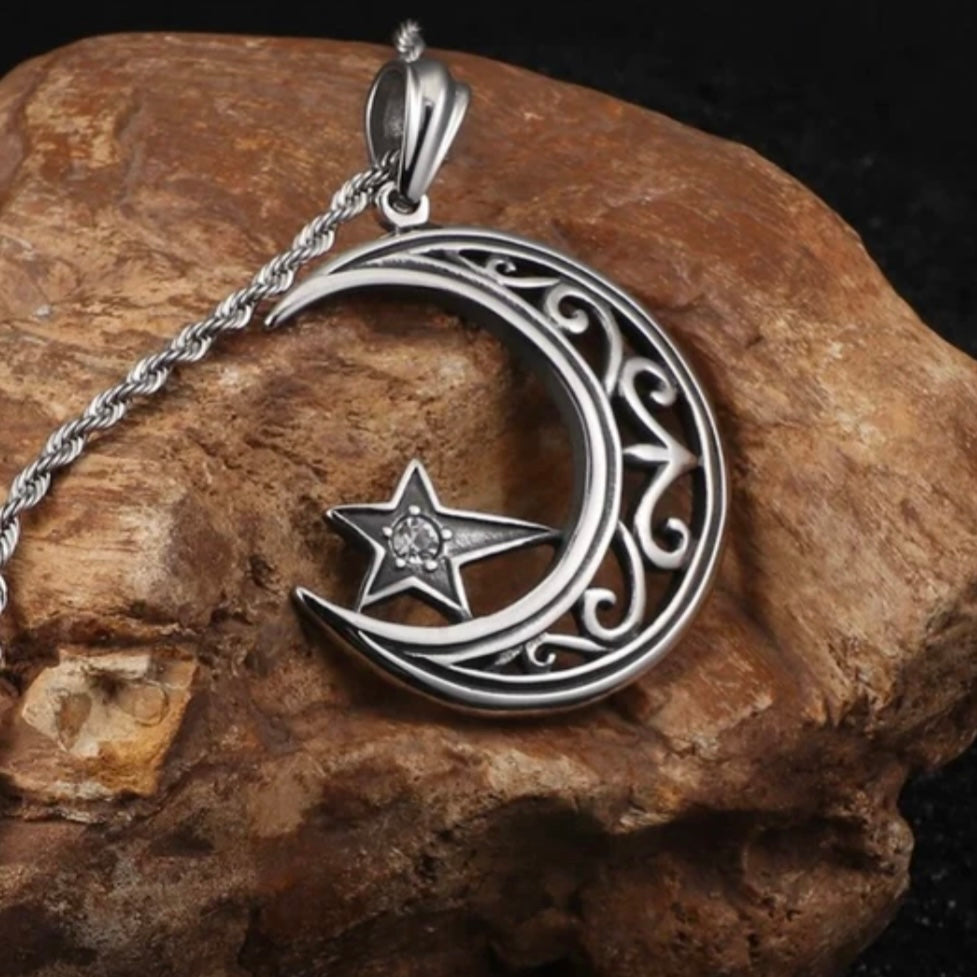 Charm Crescent Suspension Moon and Star Stainless Steel Pendant Necklace