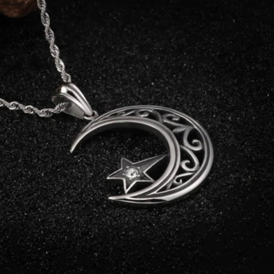 Charm Crescent Suspension Moon and Star Stainless Steel Pendant Necklace