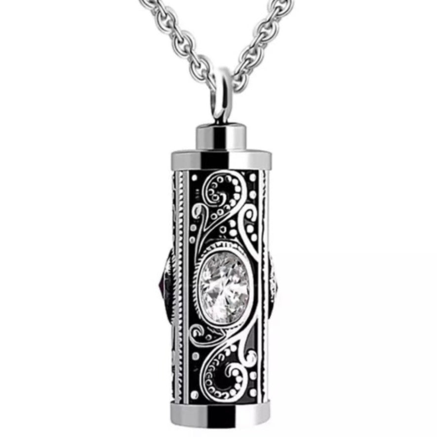 Crystal Stainless Steel Cylinder Cremation Urn Ashes Pendant Necklace Available in Red, Purple, White or Blue Crystal