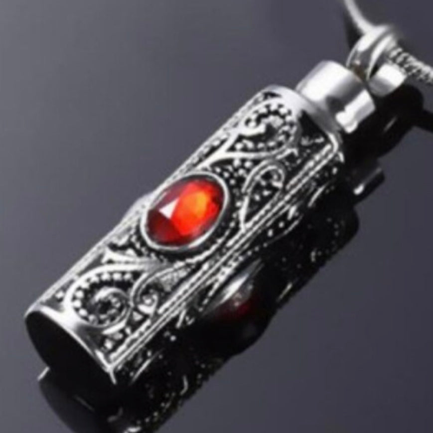 Crystal Stainless Steel Cylinder Cremation Urn Ashes Pendant Necklace Available in Red, Purple, White or Blue Crystal