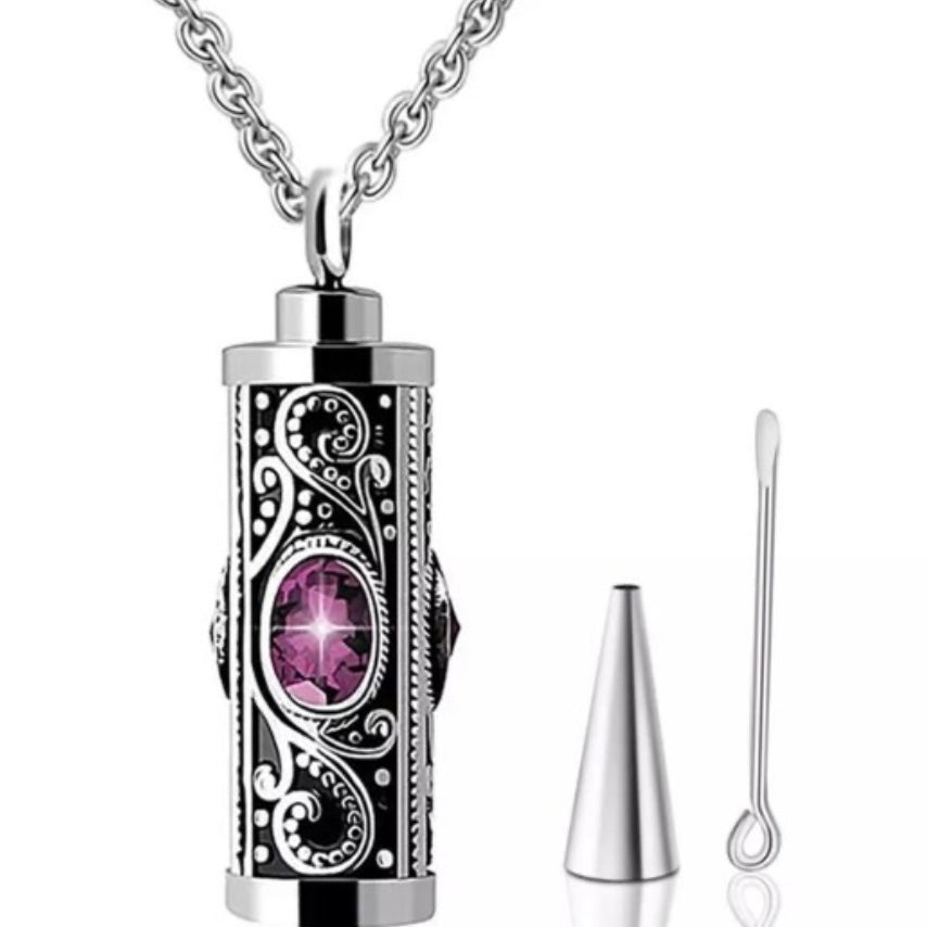 Crystal Stainless Steel Cylinder Cremation Urn Ashes Pendant Necklace Available in Red, Purple, White or Blue Crystal