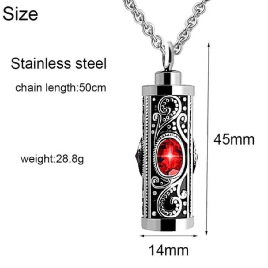 Crystal Stainless Steel Cylinder Cremation Urn Ashes Pendant Necklace Available in Red, Purple, White or Blue Crystal