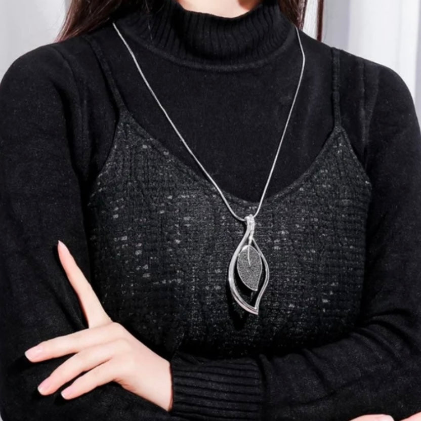 Frosted Stone Crystal Double Leaf Pendant Long Sweater Necklace