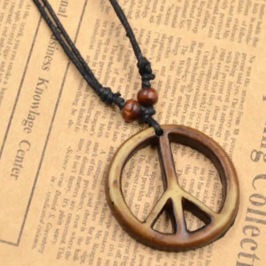 Retro Hand Carved Artificial Yak Bone Peace Symbol Pendant Necklace