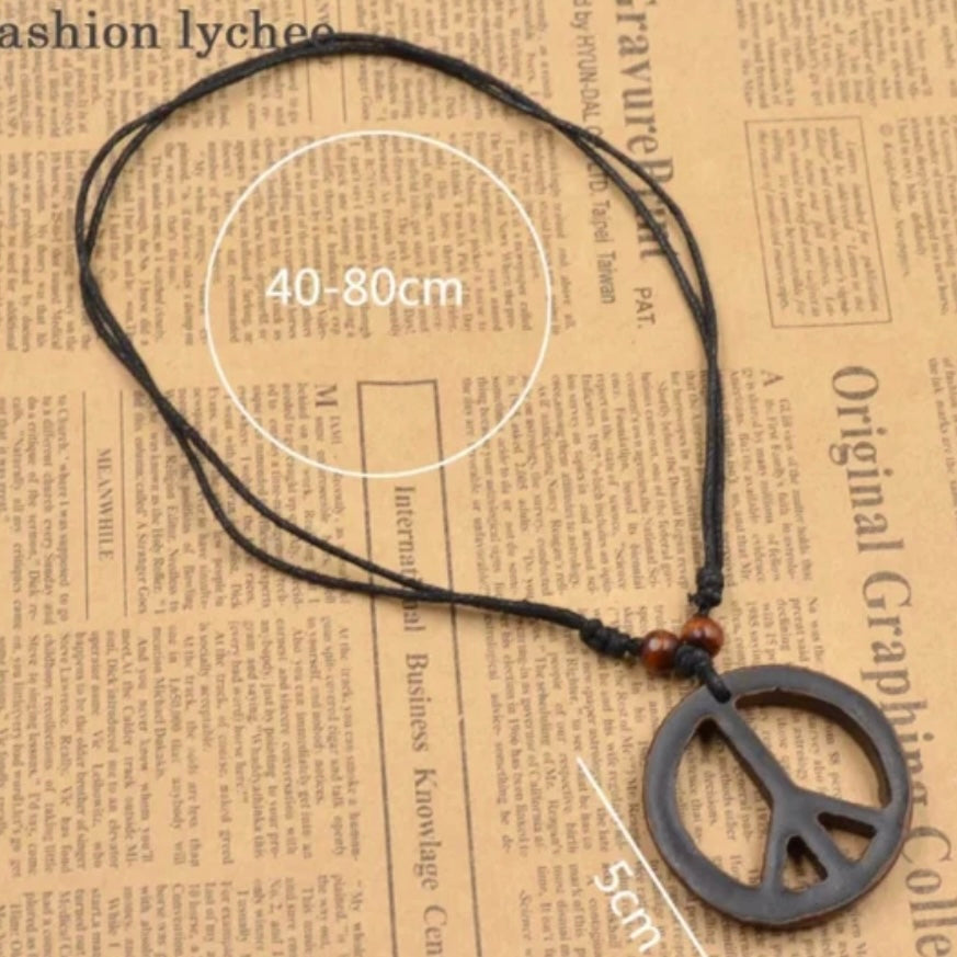 Retro Hand Carved Artificial Yak Bone Peace Symbol Pendant Necklace