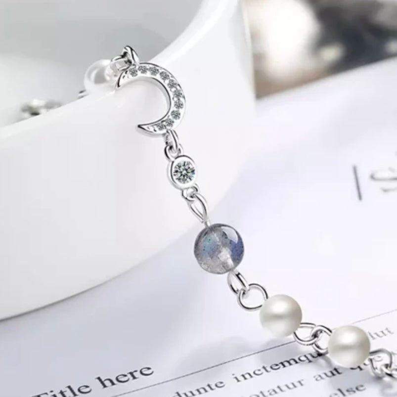 Moonstone Pearl Star Moon Clover Charm Bangle Bracelet